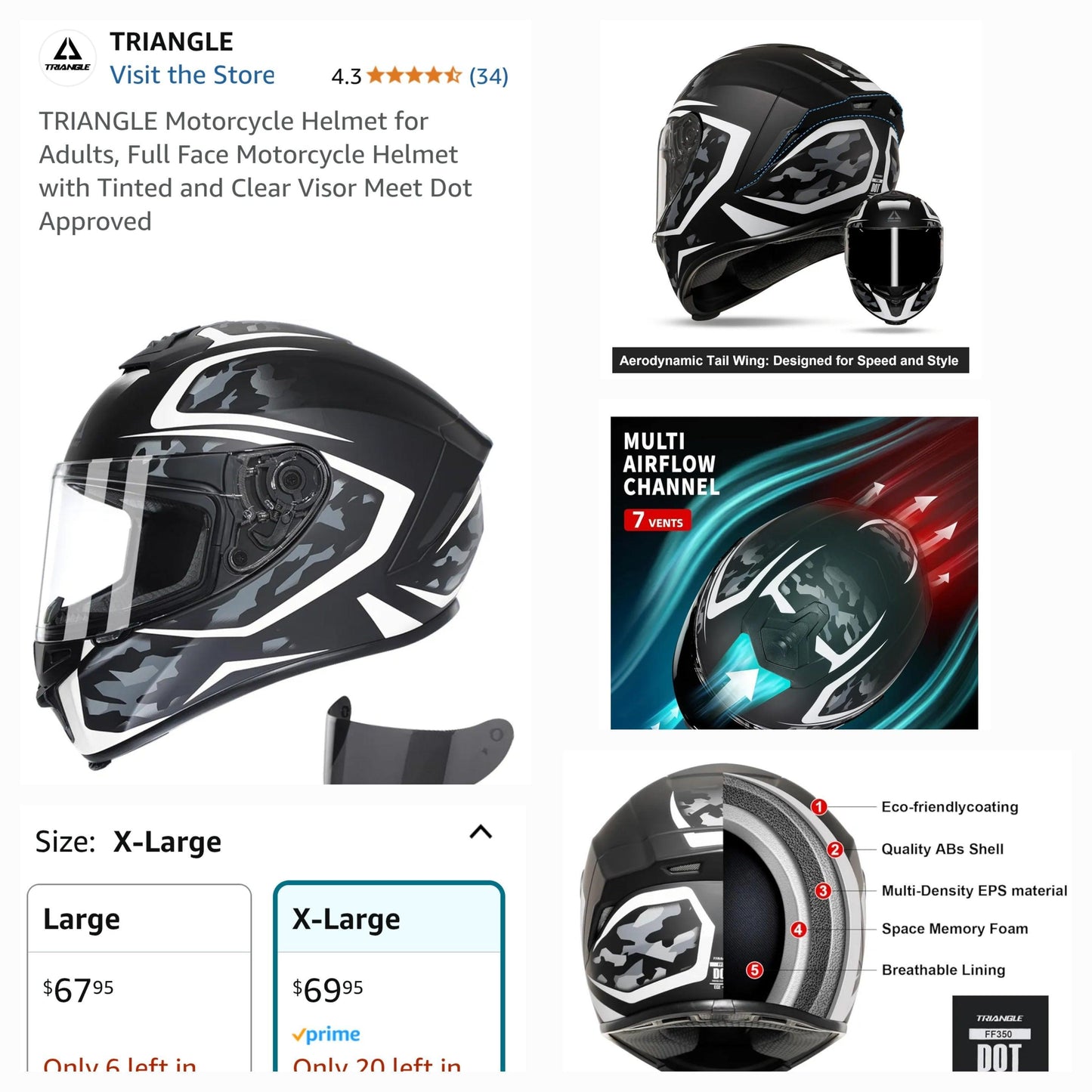 Triangle Motorcycle Helmet with Two Full Shields (Tinted and Clear) XL