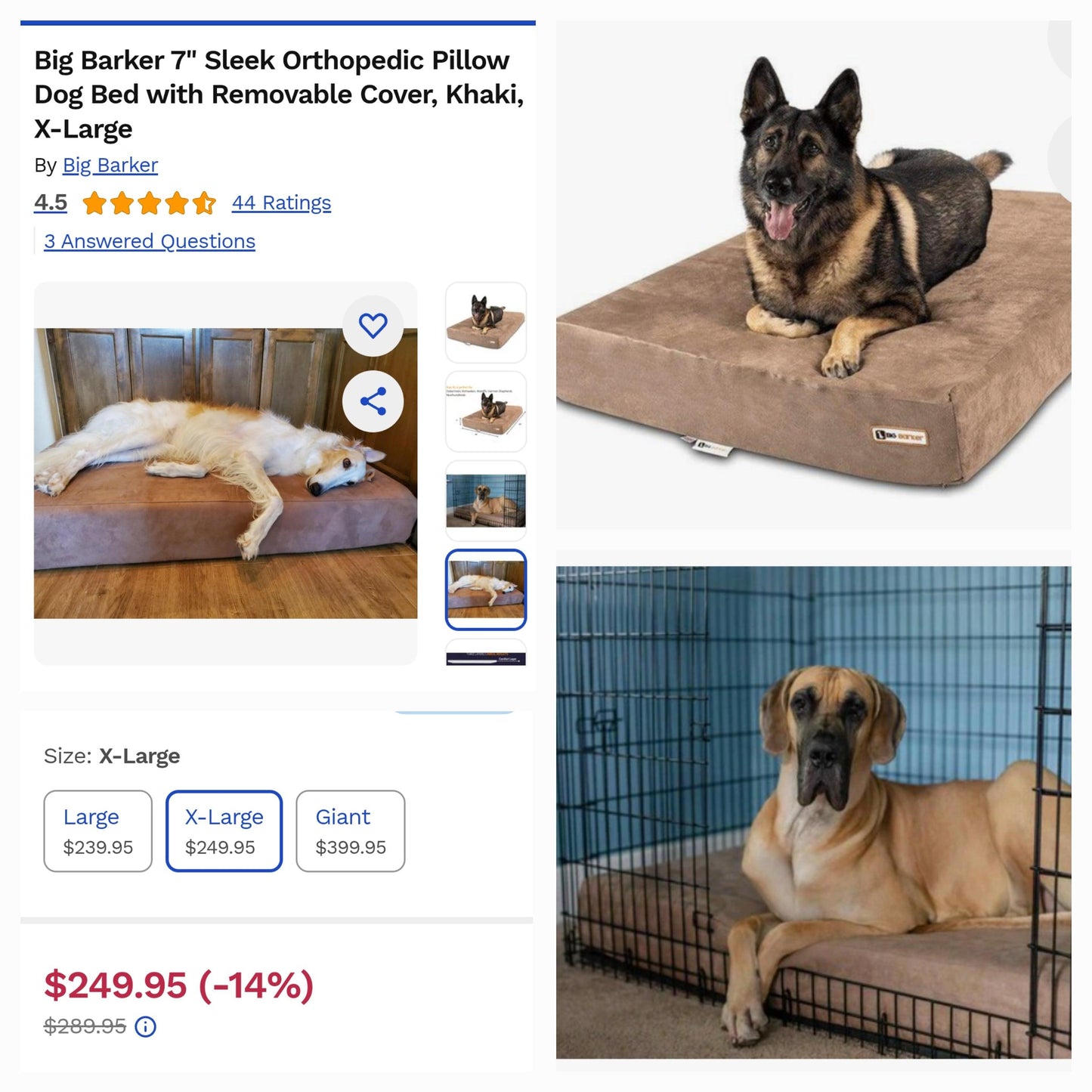 Big Barker 7" Memory Foam Dog Bed with Built-In Pillow and Removable Cover, Size XL, Khaki