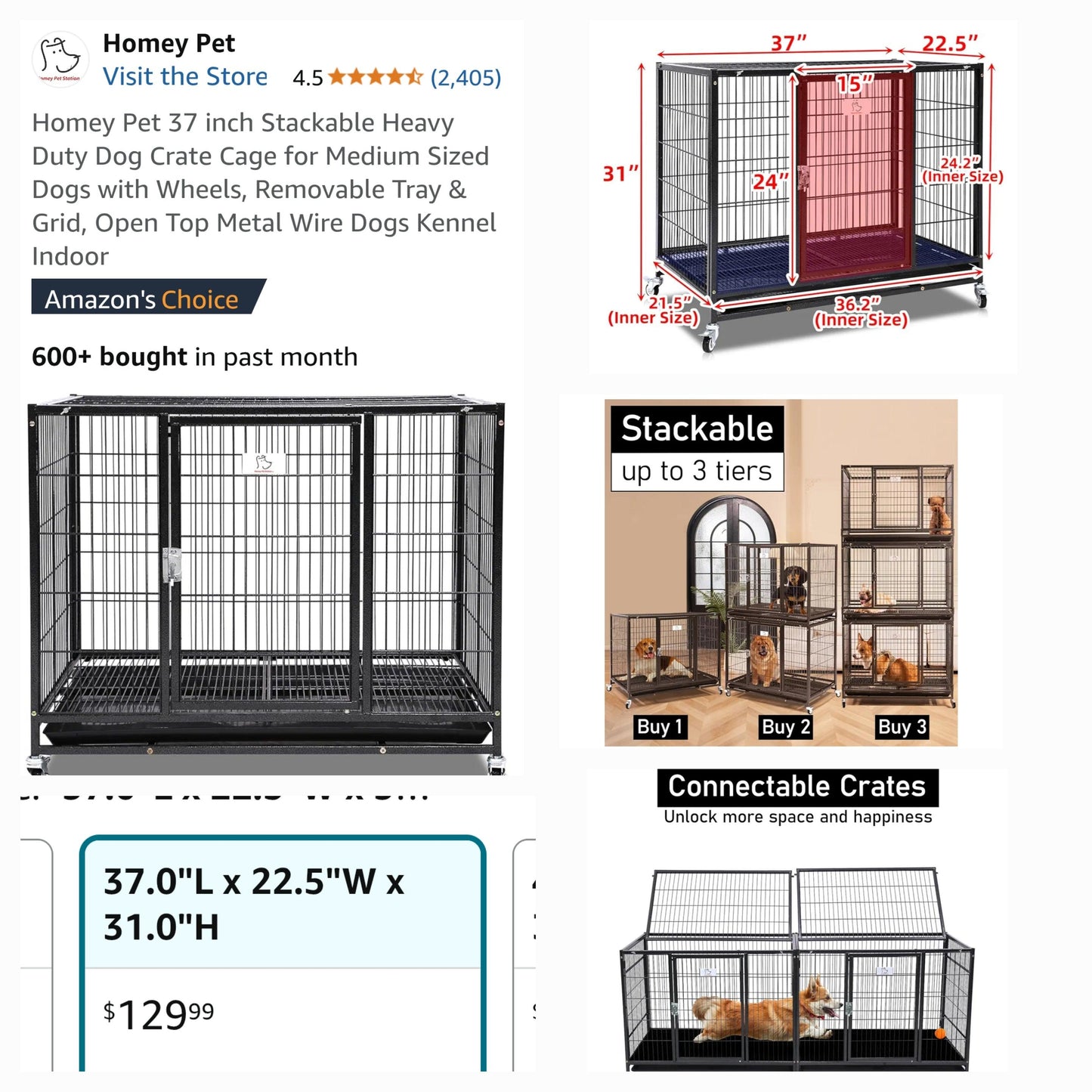 Homey Pet 37 inch Stackable Heavy Duty Dog Crate Cage for Medium Sized Dogs