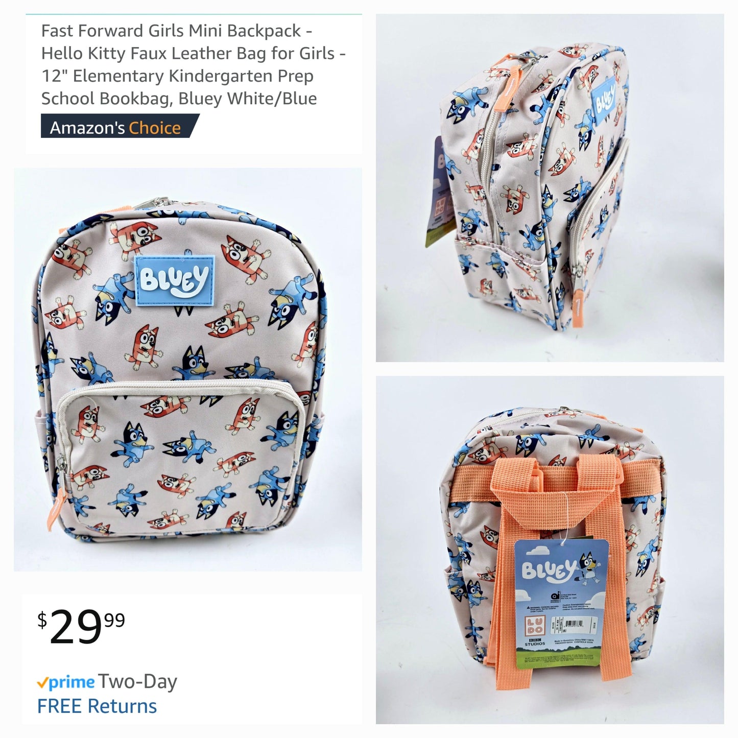 Fast Forward Bluey Mini Backpack for Boys, Girls, Unisex Cute PU Leather 10"