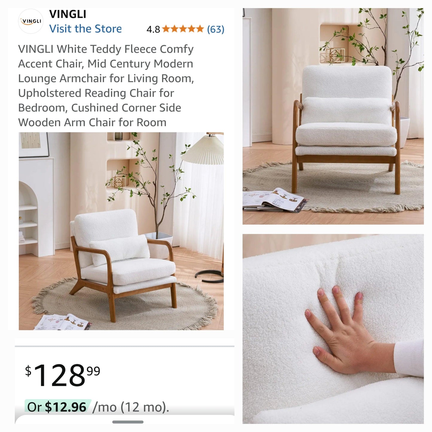 Vingli Mid Century Modern White Fleece Accent Chair