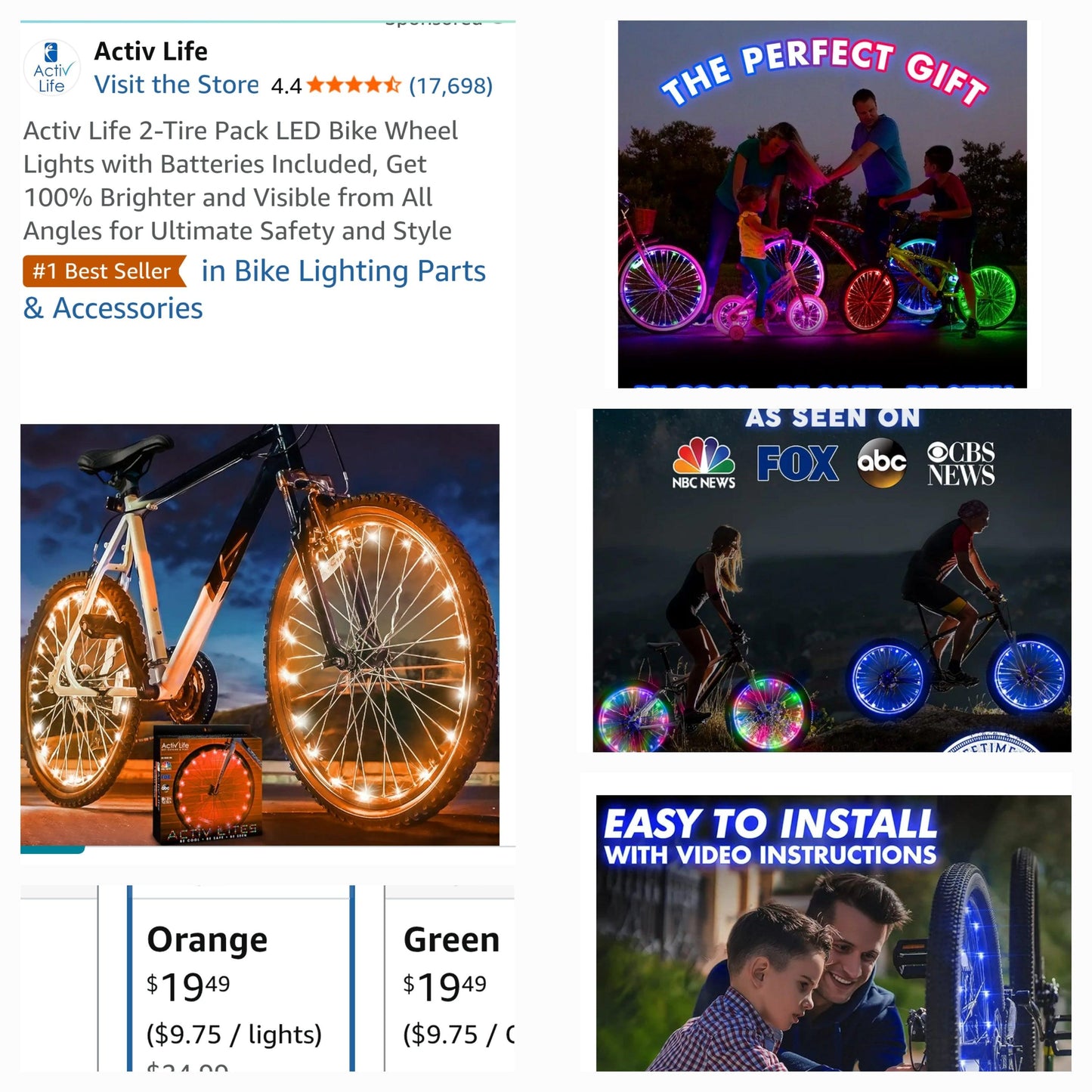 2-Tire LED Bike Light Set for Safety and Fun, Orange