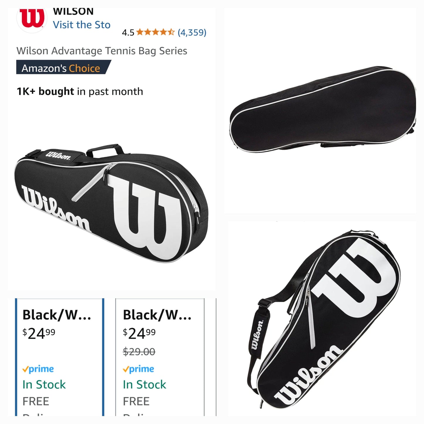 Wilson Advantage Series Black and White Logo Tennis Racket Bag