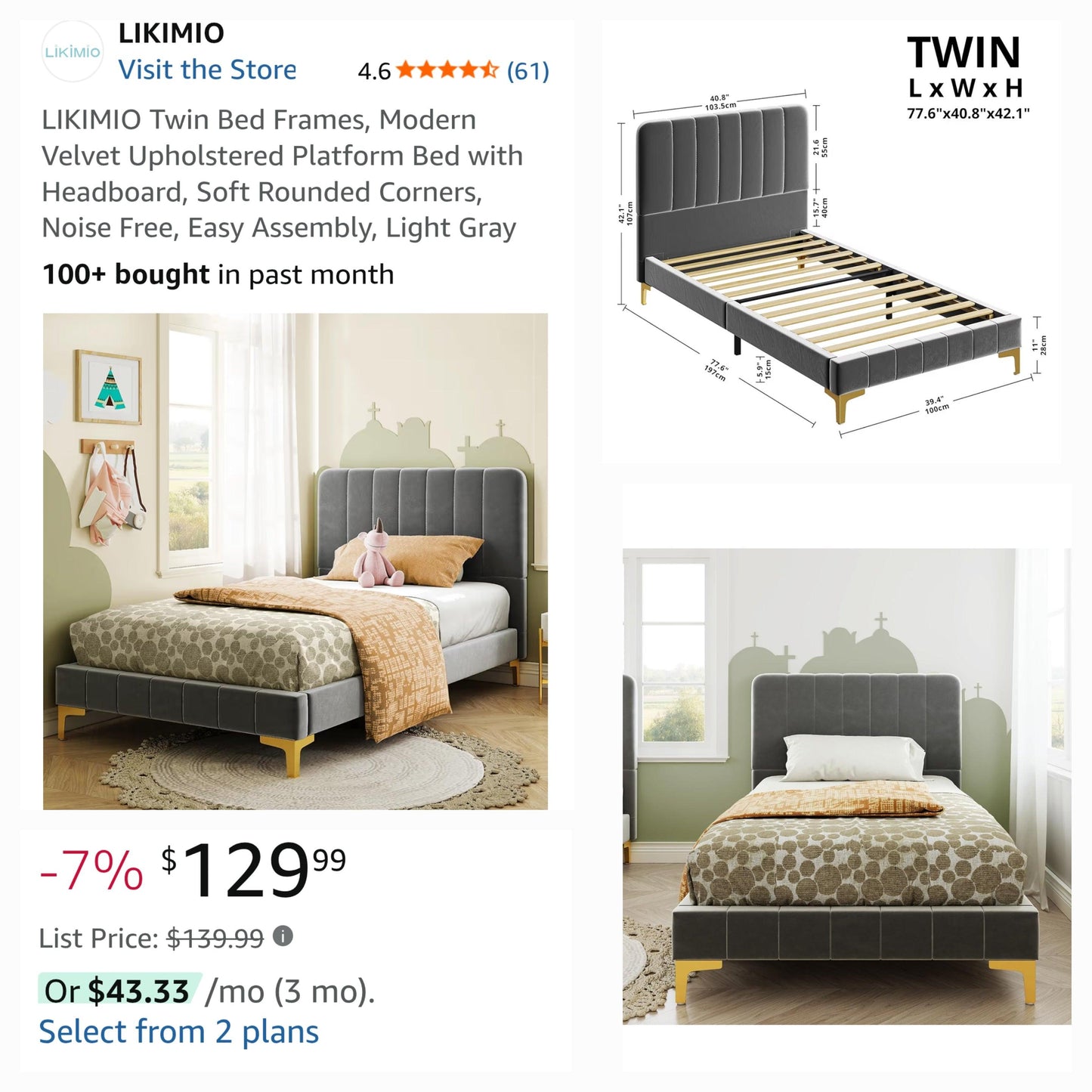 Likimio Platform Bed Frame with Upholstered Headboard and Side Rails, Twin, Gray
