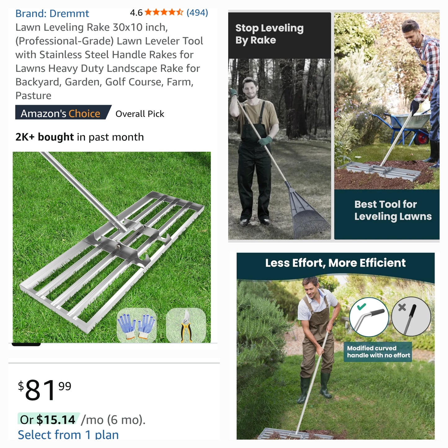 Lawn Leveling Rake Tool 30"x10" Heavy Duty Stainless Steel