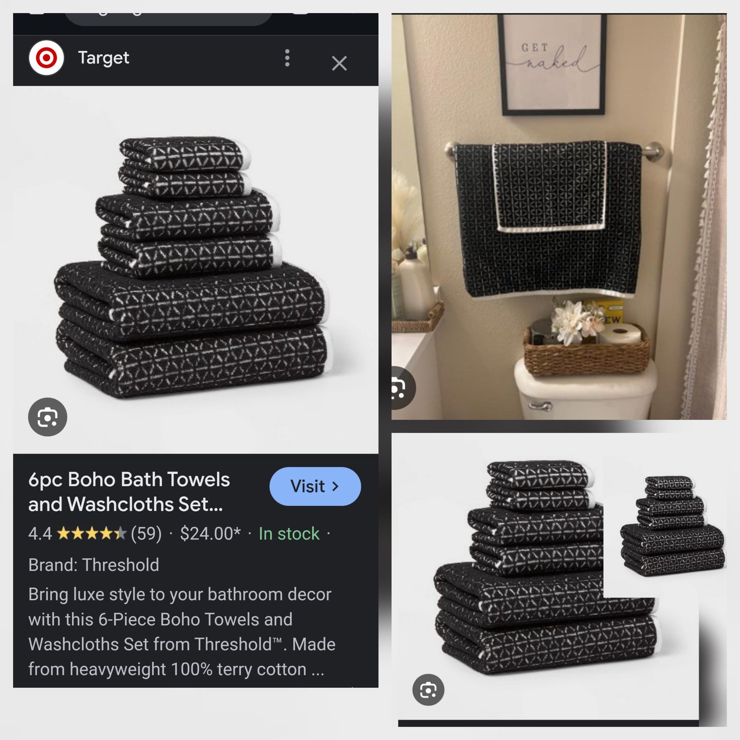 Threshold 6pc Boho Bathtowels, Handtowels, and Washclothes, Black