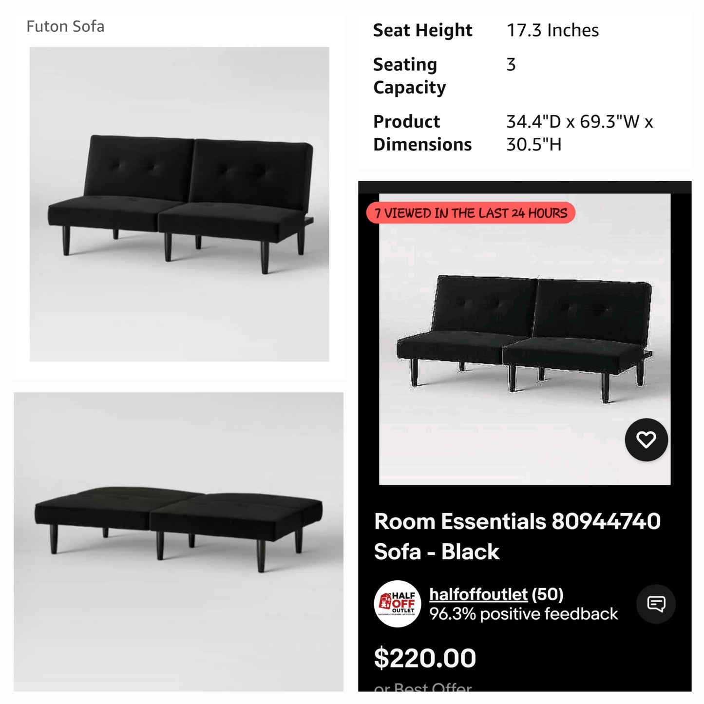 Room Essentials Black Futon Sofa