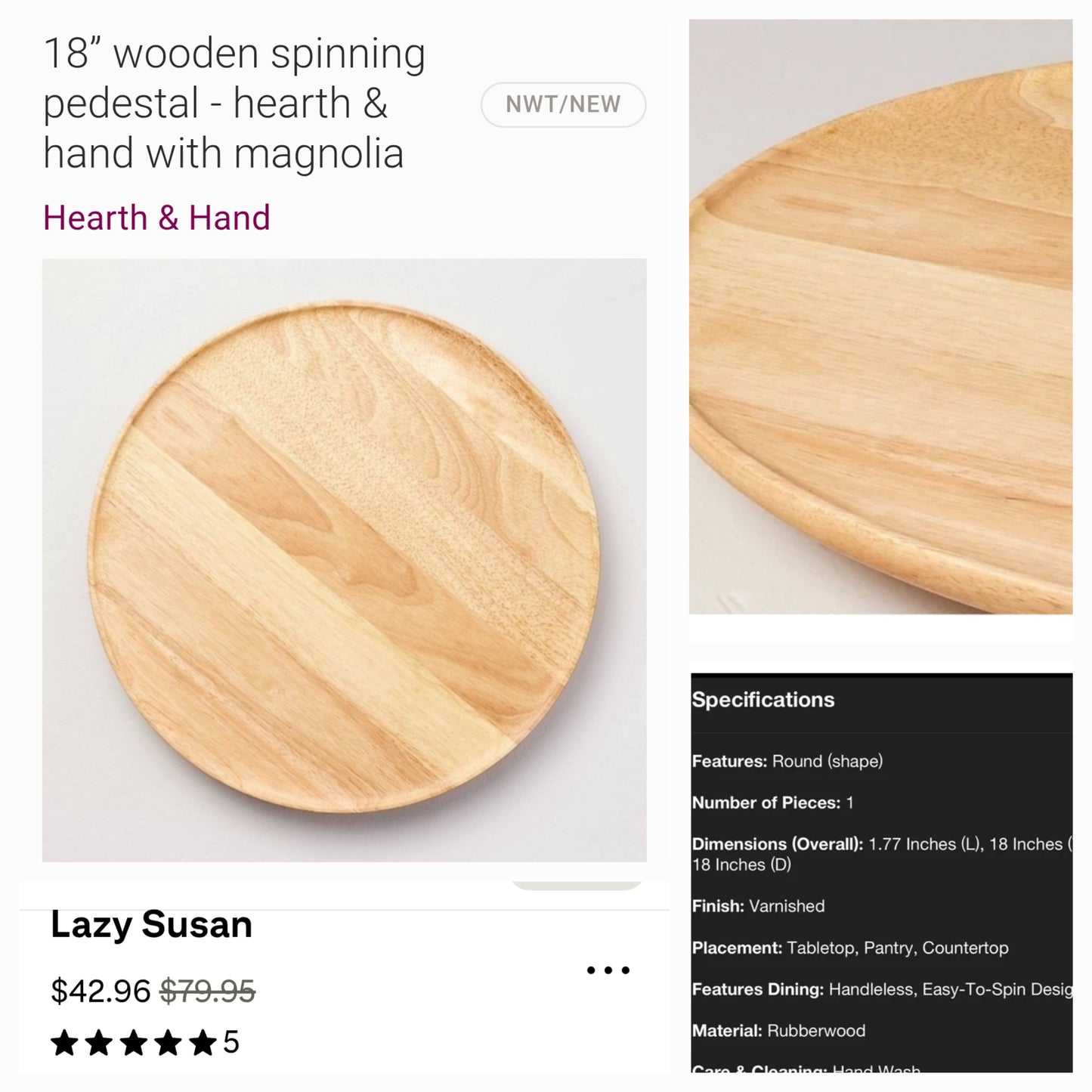 18" Wooden Spinning Pedestal Lazy Susan