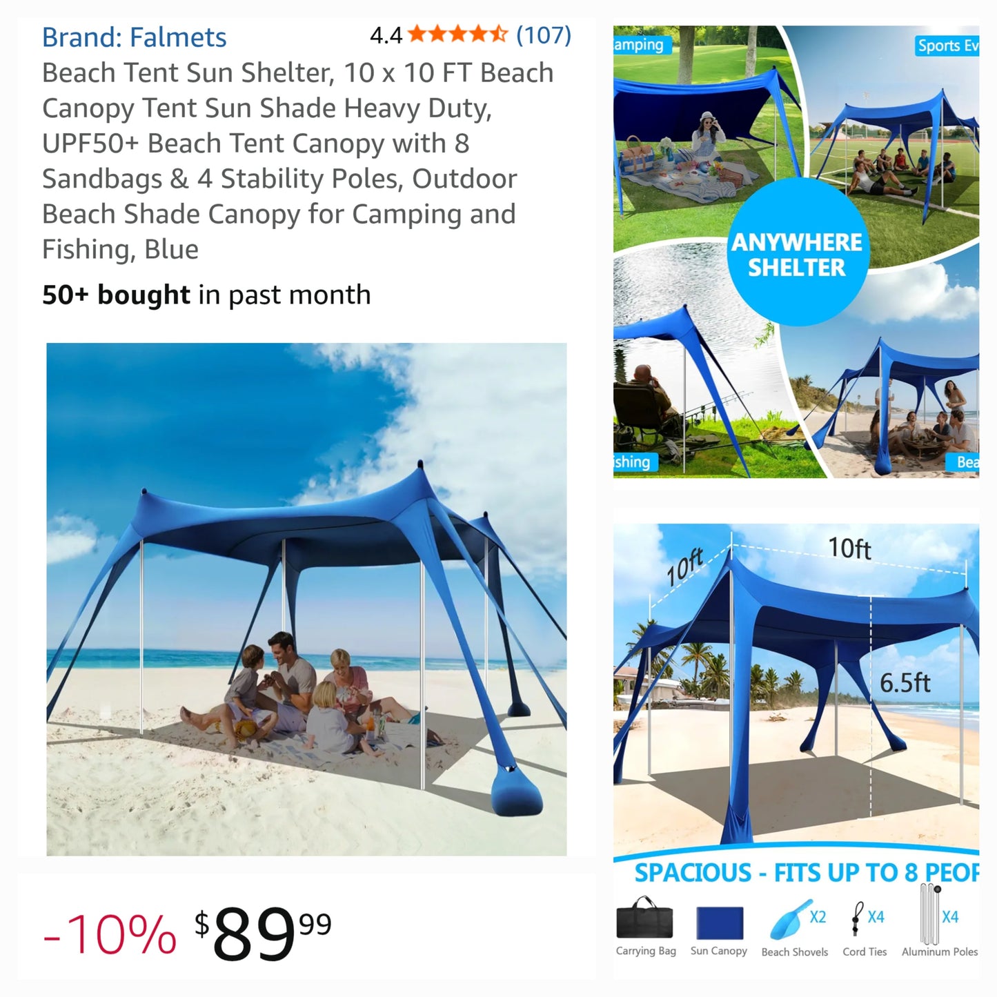 Beach Tent Sun Shelter 10'x10' Blue