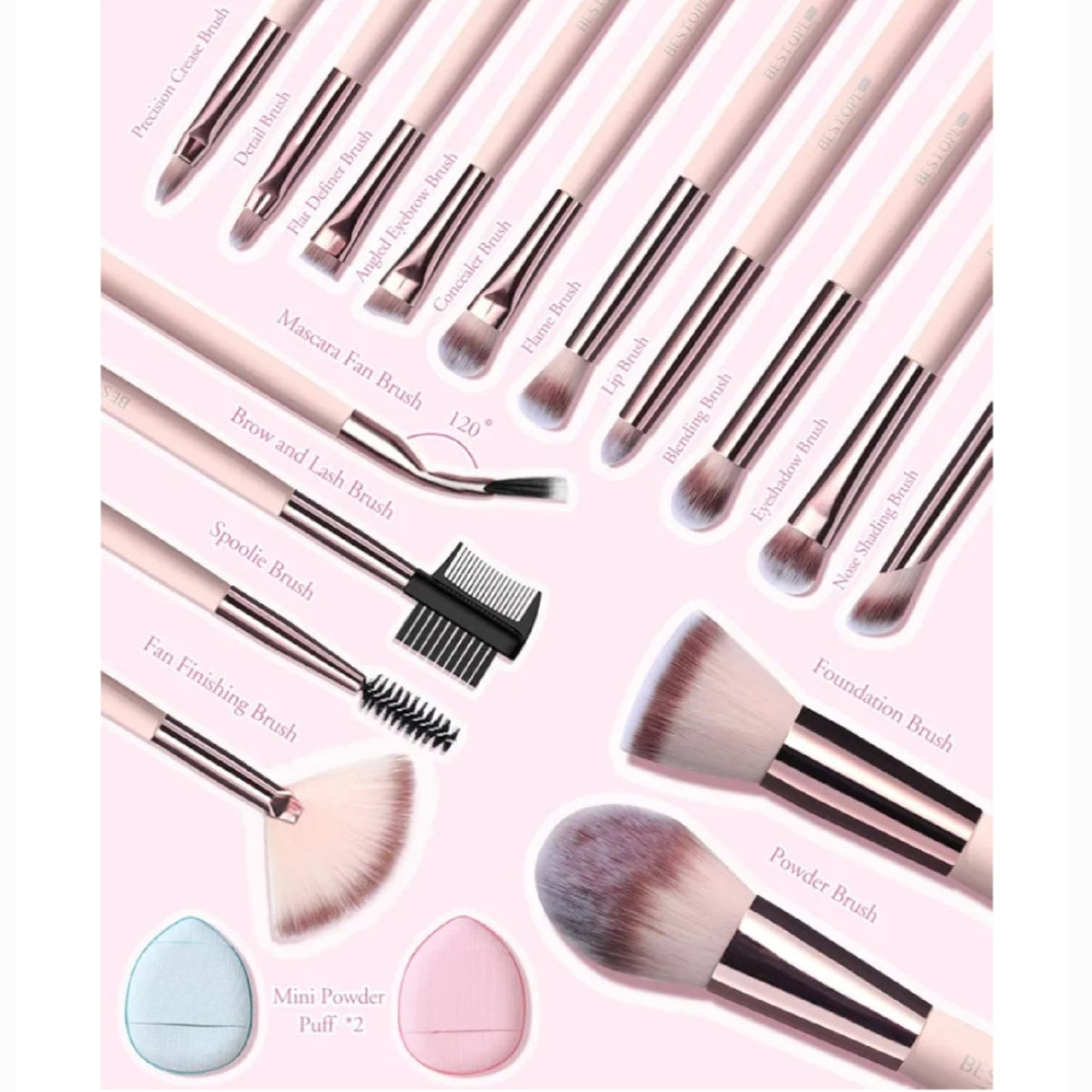 20 Piece Travel Brush Make Up Set, Pink, With Lighted Mirror Case
