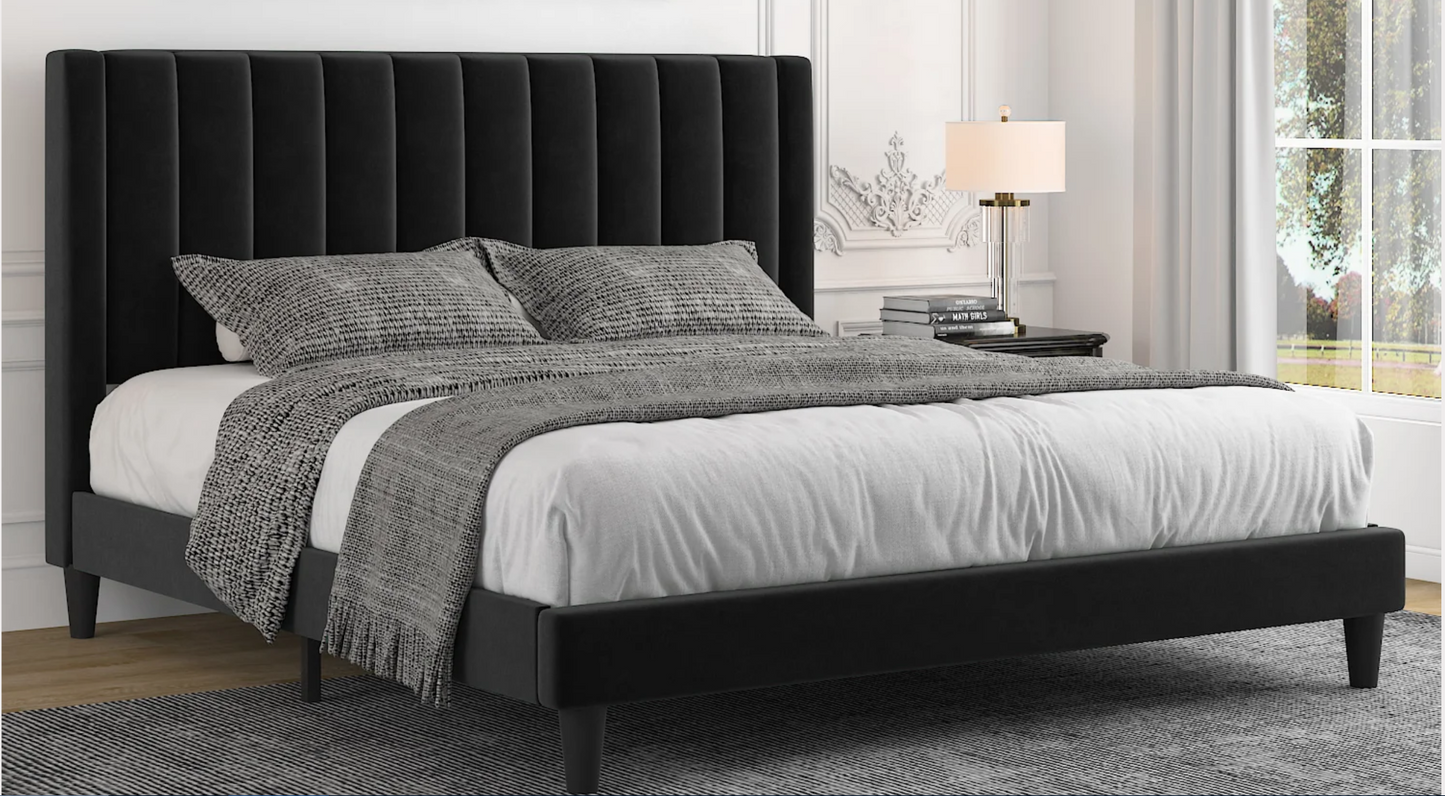 43-Allewie Velvet Upholstered Bed Frame with Vertical Channel Tufted Headboard, King Black