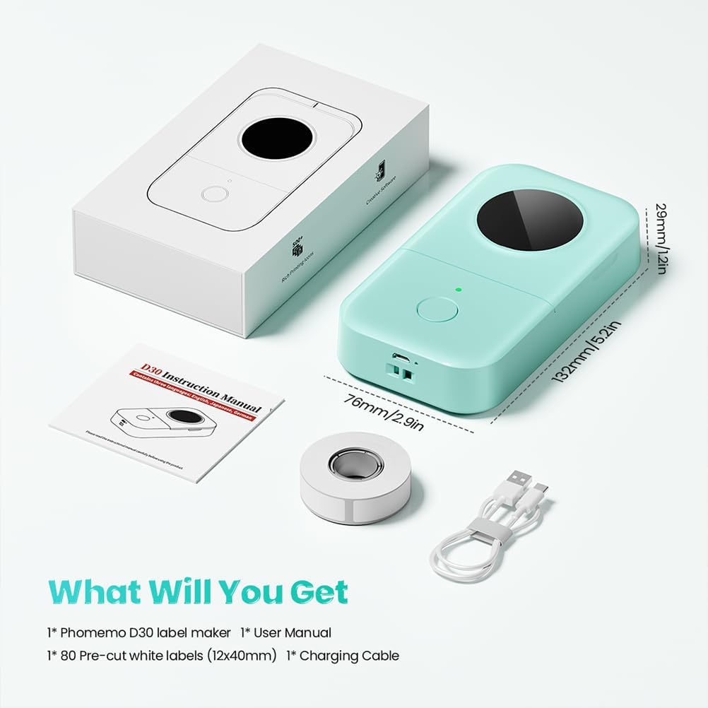 Phomemo Green Label Maker, D30 Portable Bluetooth Label Maker Machine with Tape, Small Mini Label Printer