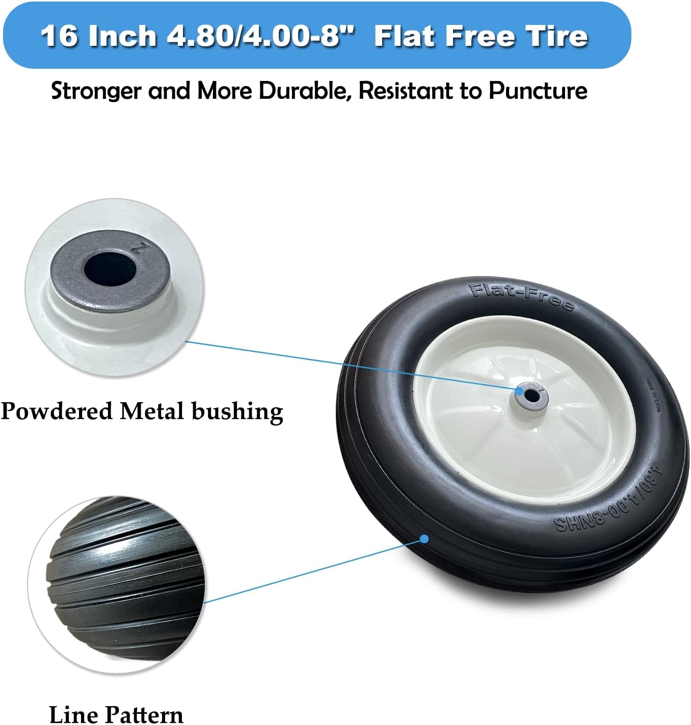 MerryYard 4.80/4.00-8" Flat Free Tire and Wheel, 16" Universal Solid Replacement Wheelbarrow Wheel,Steel Rim with 5/8" & 3/4" Bearing and 3"- 6"Center Hub