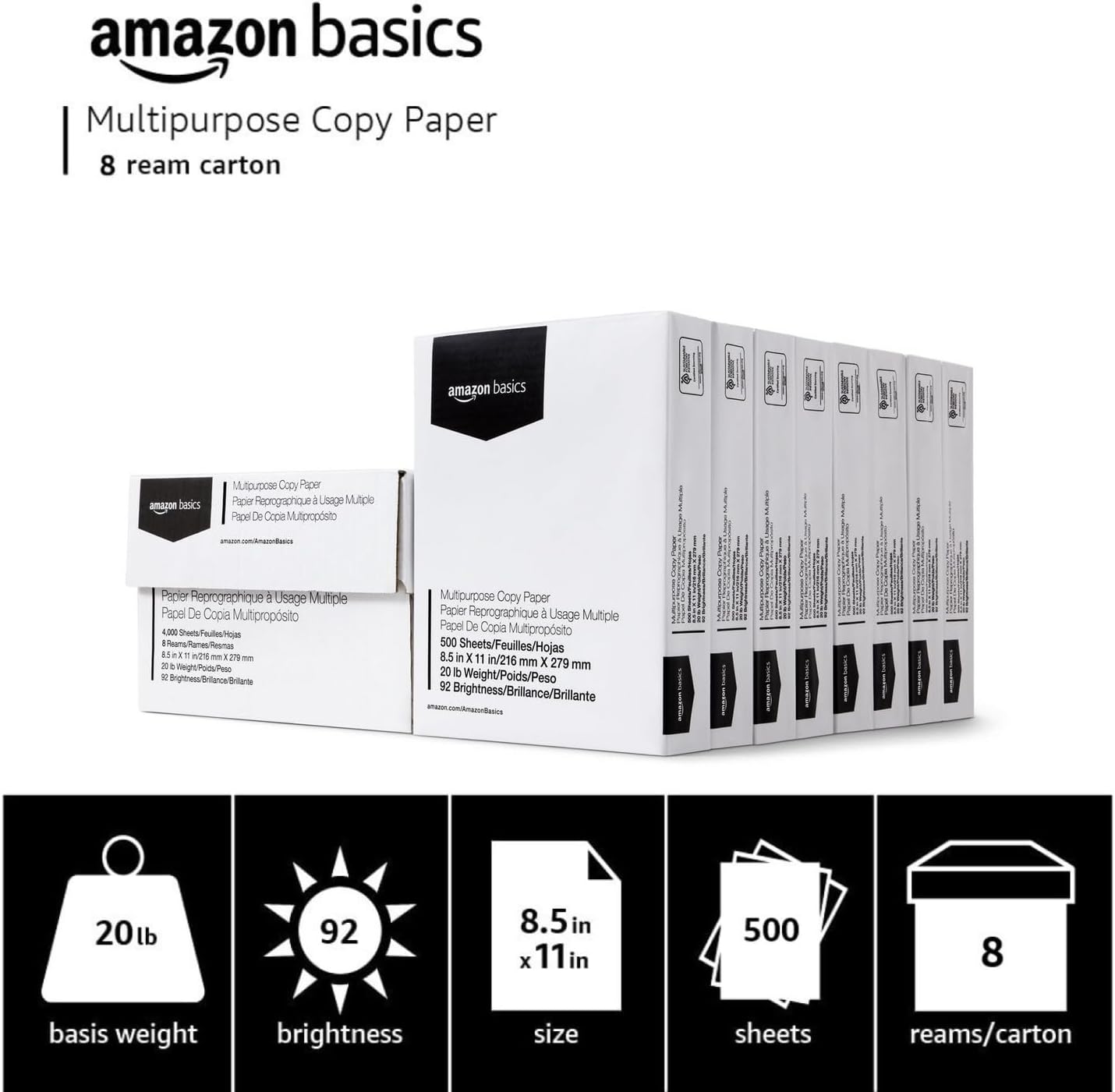 Amazon Basics Multipurpose Copy Printer Paper, 20 lb, 8.5 x 11 Inches, 8 Reams (4,000 Sheets), 92 Bright White