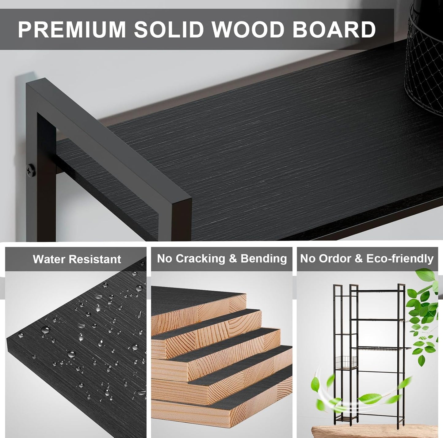 QOOIE Over The Toilet Storage with Wooden Shelves and Side Rack, 7-Tier Black Over Toilet Bathroom Organizer