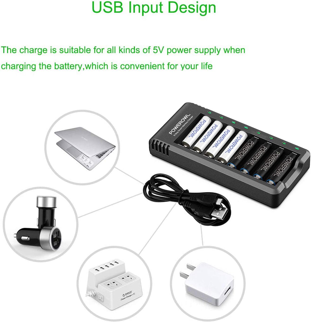 POWEROWL Rechargeable AA Batteries with Charger, 8 Pack of 2800mAh High Capacity Low Self Discharge Ni-MH Double A Batteries with Smart 8 Bay Battery Charger