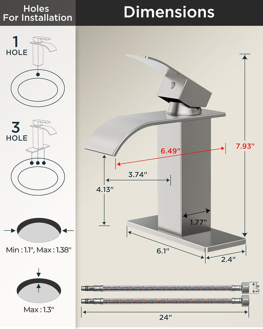 Forious Waterfall Bathroom Faucet Brushed Nickel 1-3 Hole 1-Handle WB-0305BN