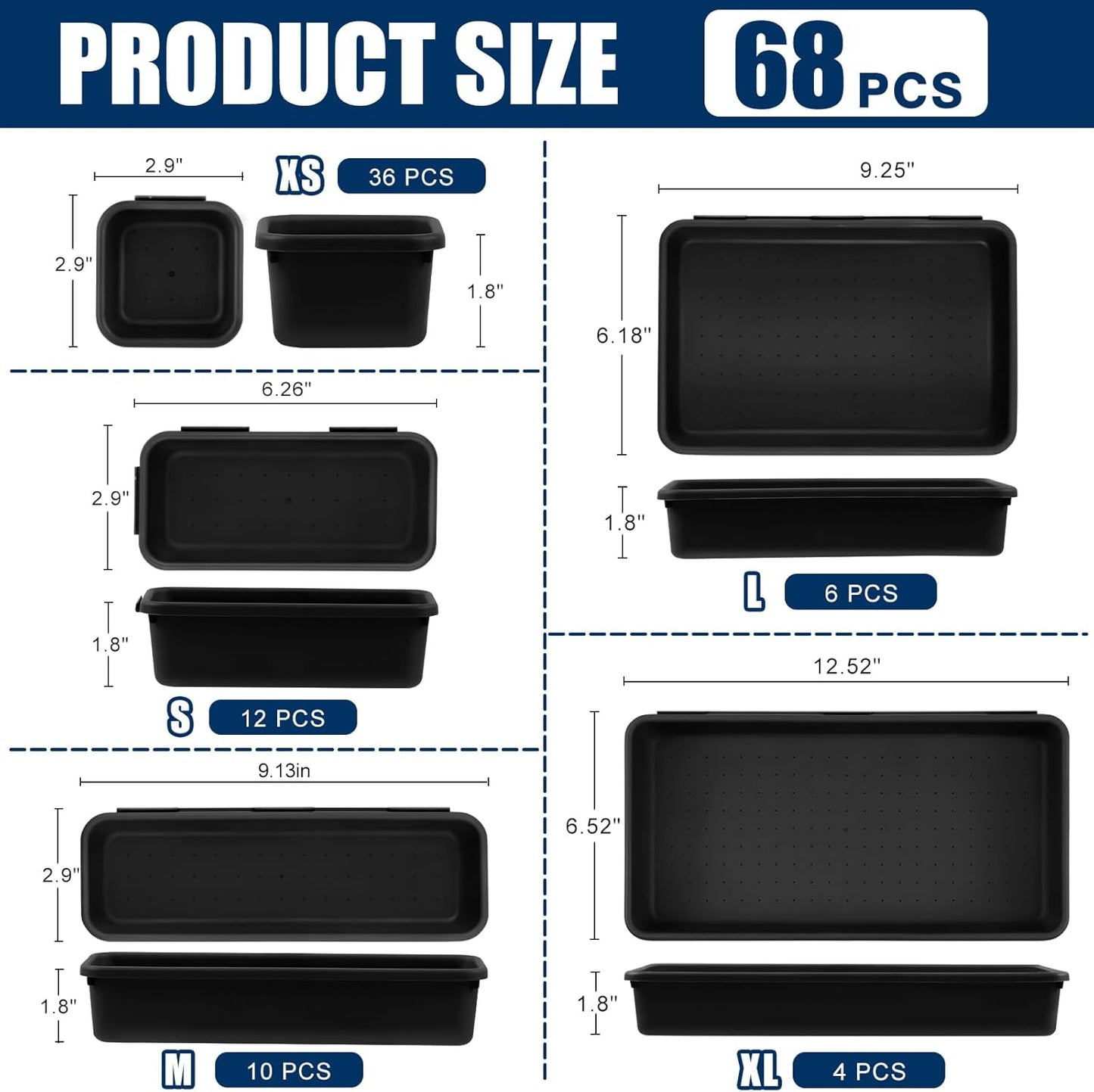 68 Piece Tool Box Organizer Tray Dividers, 5 Sizes, Black