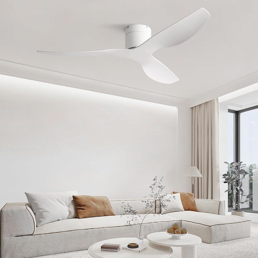 52-Inch White Curved Blade Ceiling Fan Without Light, Modern Low-Profile Flush Mount Fan with Remote, 6-Speed Reversible Quiet DC Motor