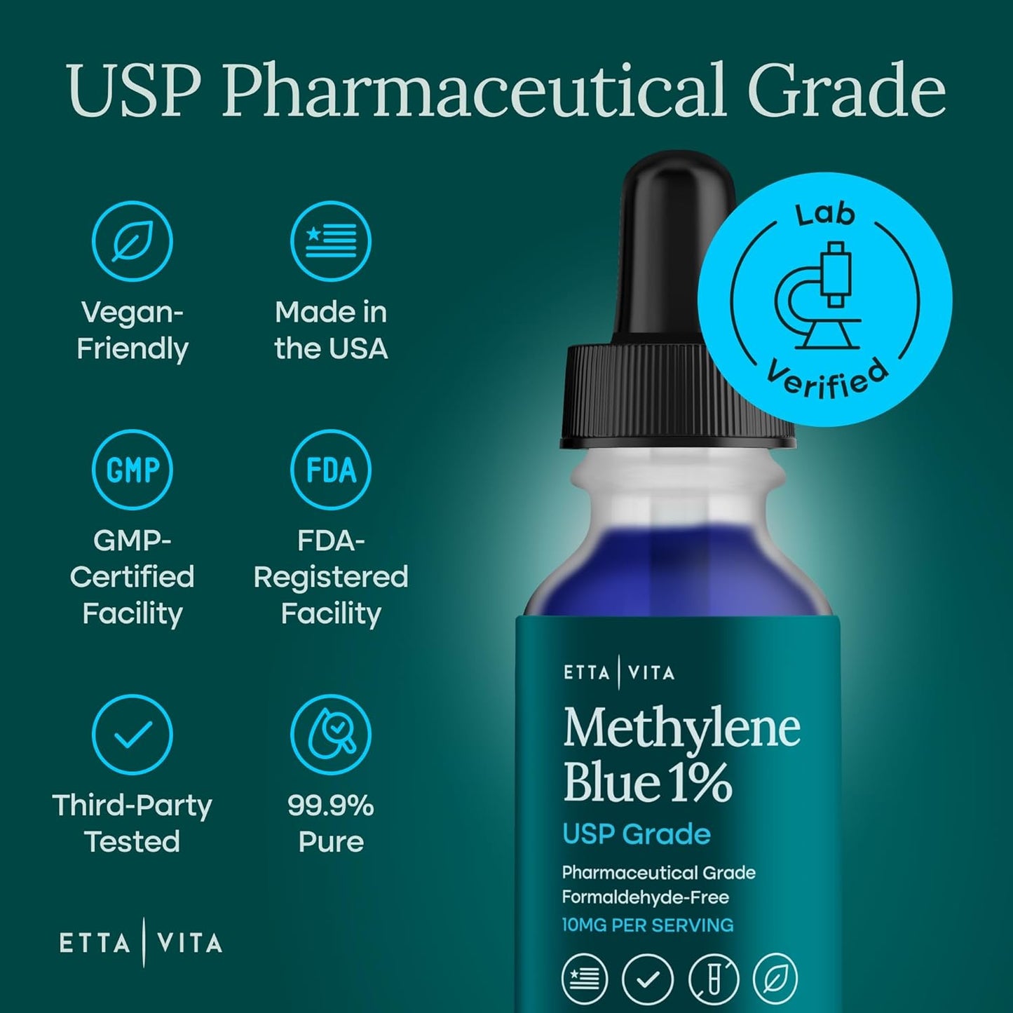 Methylene Blue Drops 2oz. - USP Pharmaceutical Grade 99.99% Pure 1% Solution for Energy, Focus, Clarity, Cognition & Cellular Support