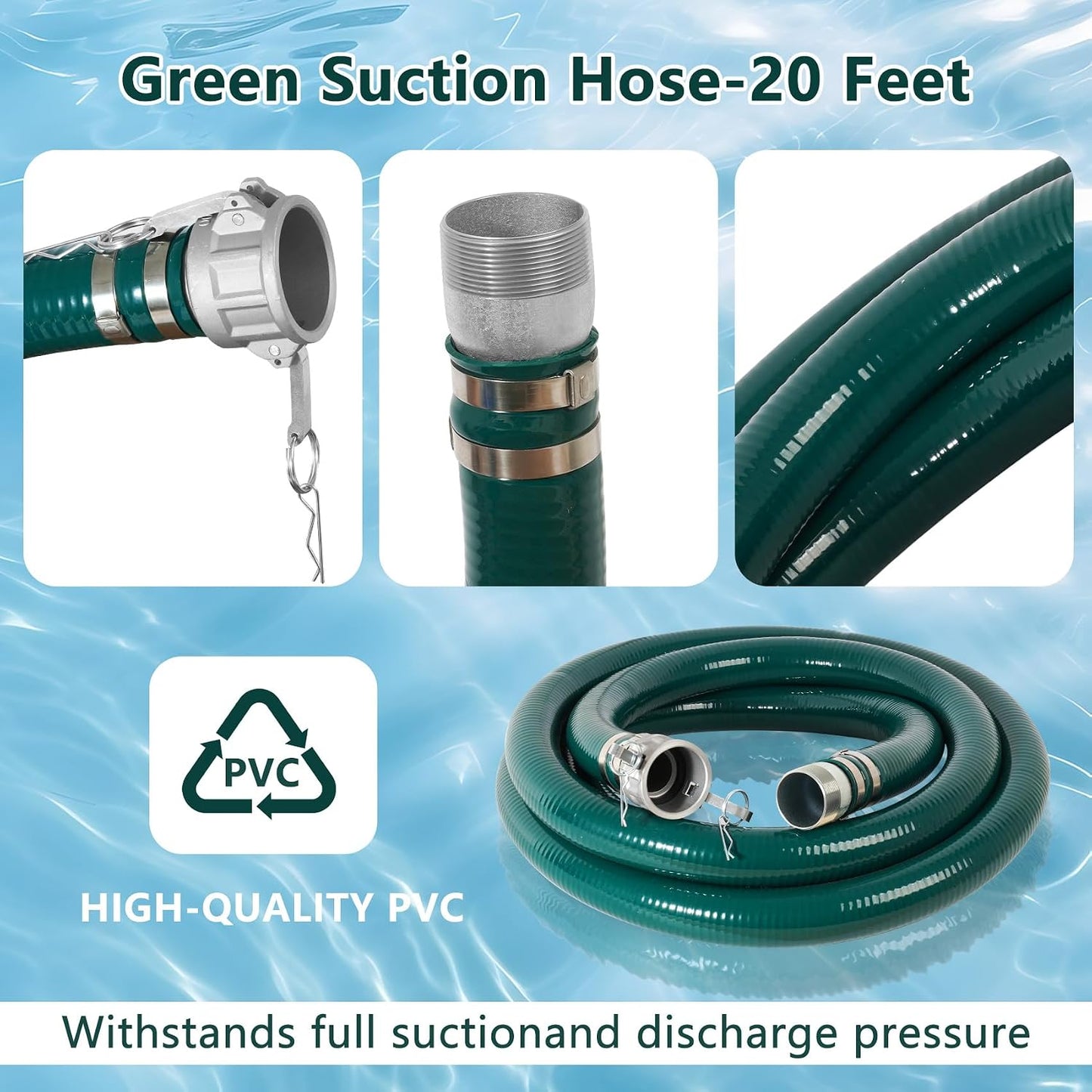 2” Discharge Hose Pump Kit for Backwashing and Drainage | 20’ Green Suction + 65’ Blue Discharge PVC Hoses with Carbon Steel Filter