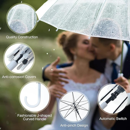 Saintrygo Clear Umbrella,Windproof Waterproof Stick Wedding Umbrella with J Hook Handle for Outdoor Events