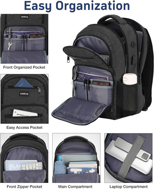Kadilong 15.6" Laptop Backpack, Black, Anti-Theft, USB Charger