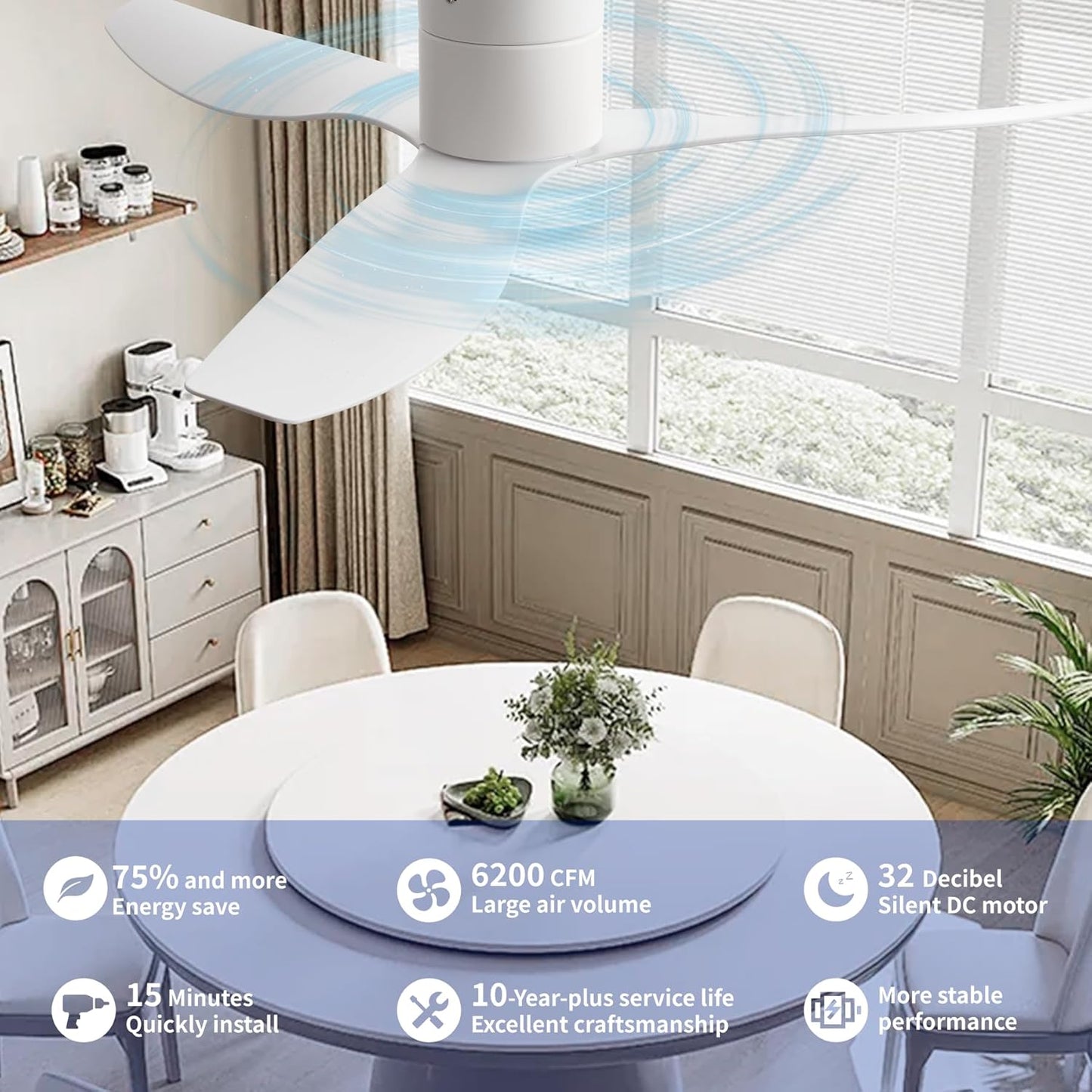52-Inch White Curved Blade Ceiling Fan Without Light, Modern Low-Profile Flush Mount Fan with Remote, 6-Speed Reversible Quiet DC Motor
