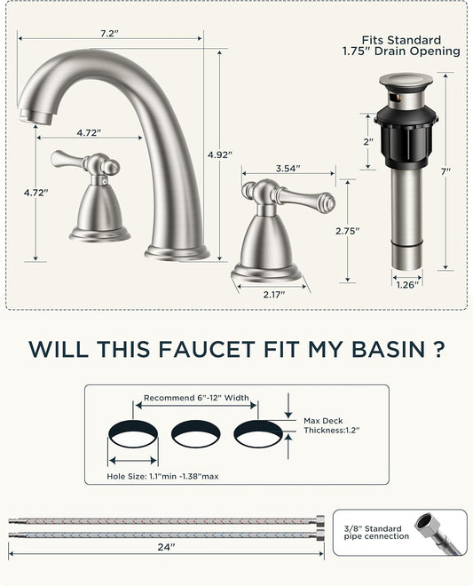 Faucet for Bathroom Sink 3 Hole, Brushed Nickel Bathroom Faucet Widespread with Pop Up Drain and Water Hose Supply