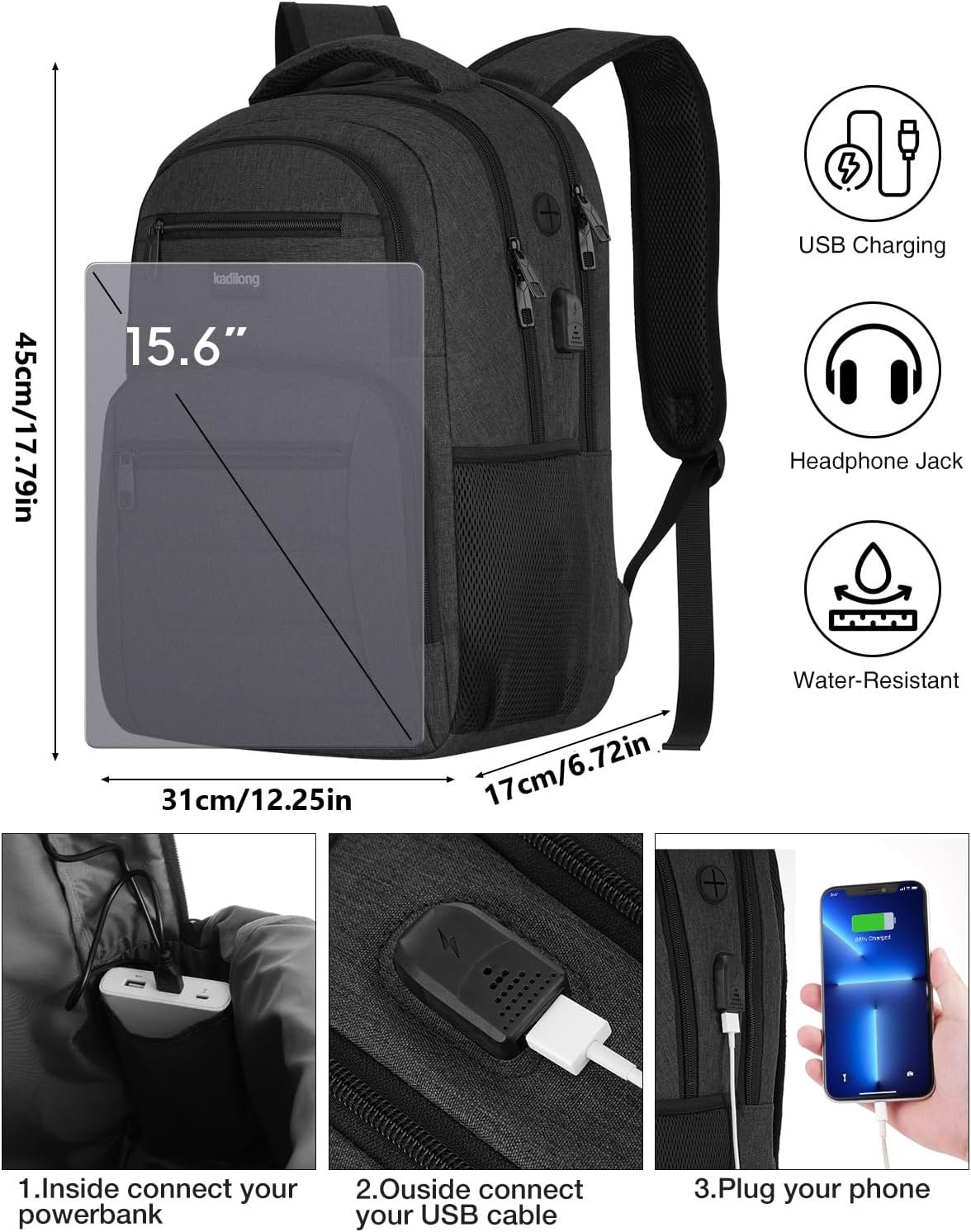 Kadilong 15.6" Laptop Backpack, Black, Anti-Theft, USB Charger