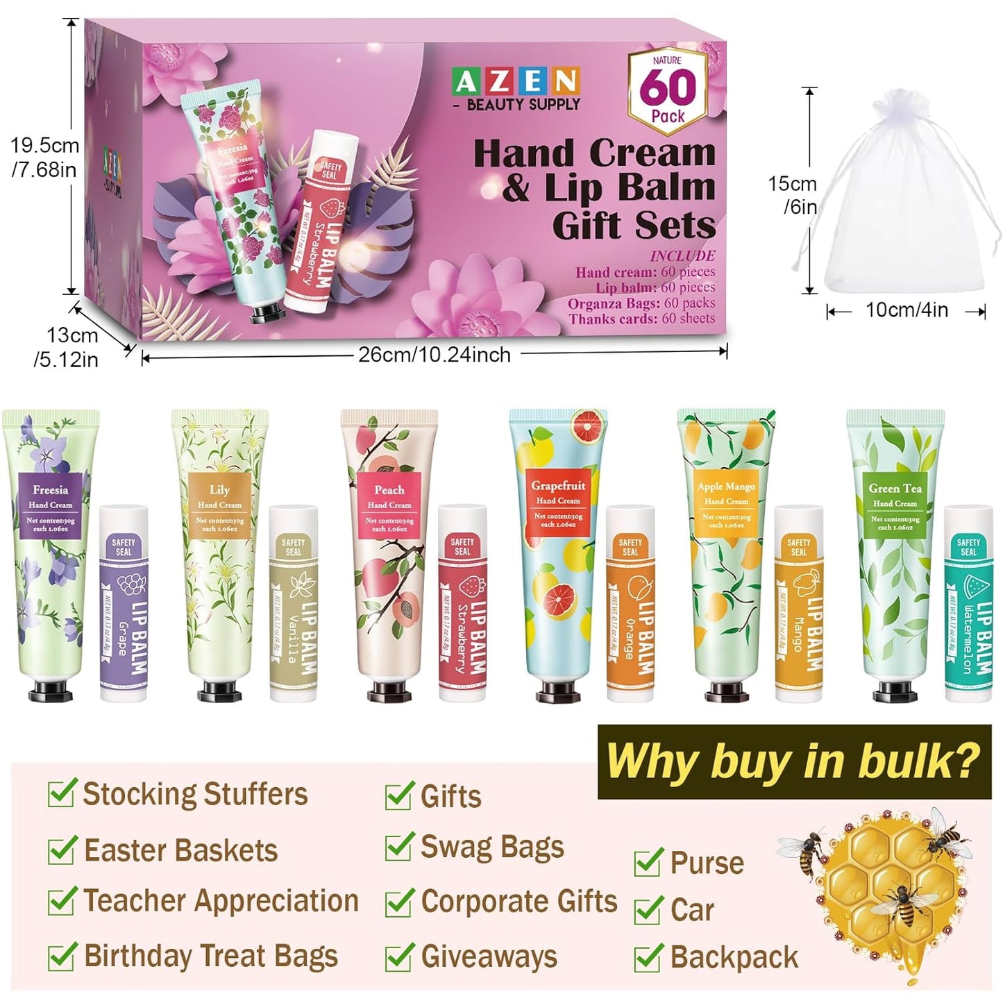 AZEN 60 Sets Bulk Gifts, Hand Cream and Lip Balm Bulk Set with Organza Bag Thank You Card