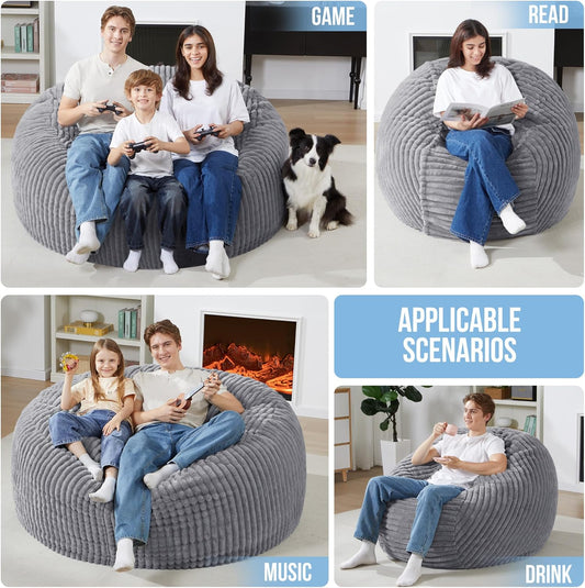 3 FT Bean Bag Chair, Soft Bean Bag Sofa with Dutch Corded Plush Cover-Dark Grey
