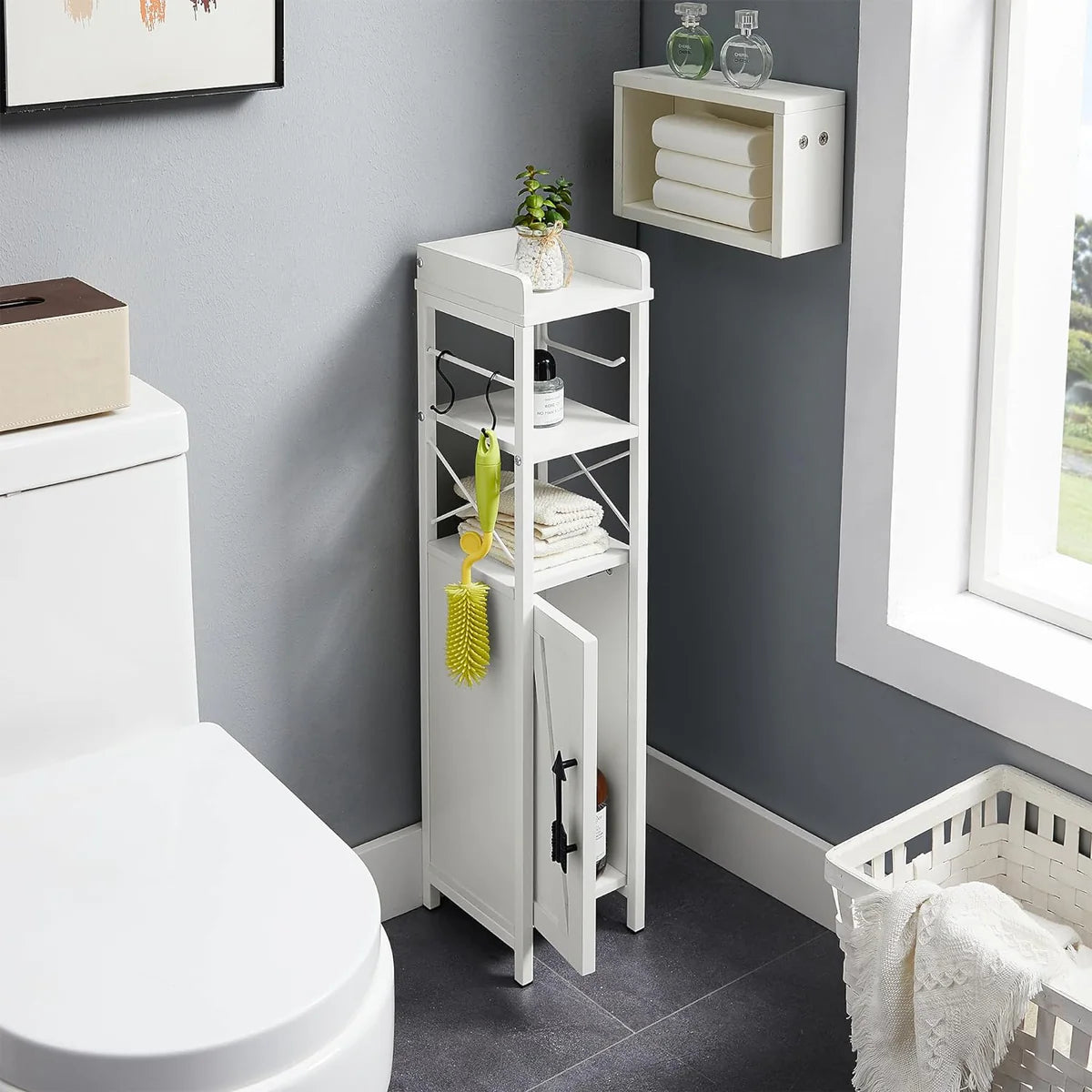 VECELO Small Bathroom Cabinet, Slim Toilet Paper Holder with Door and 2 Shelves, White