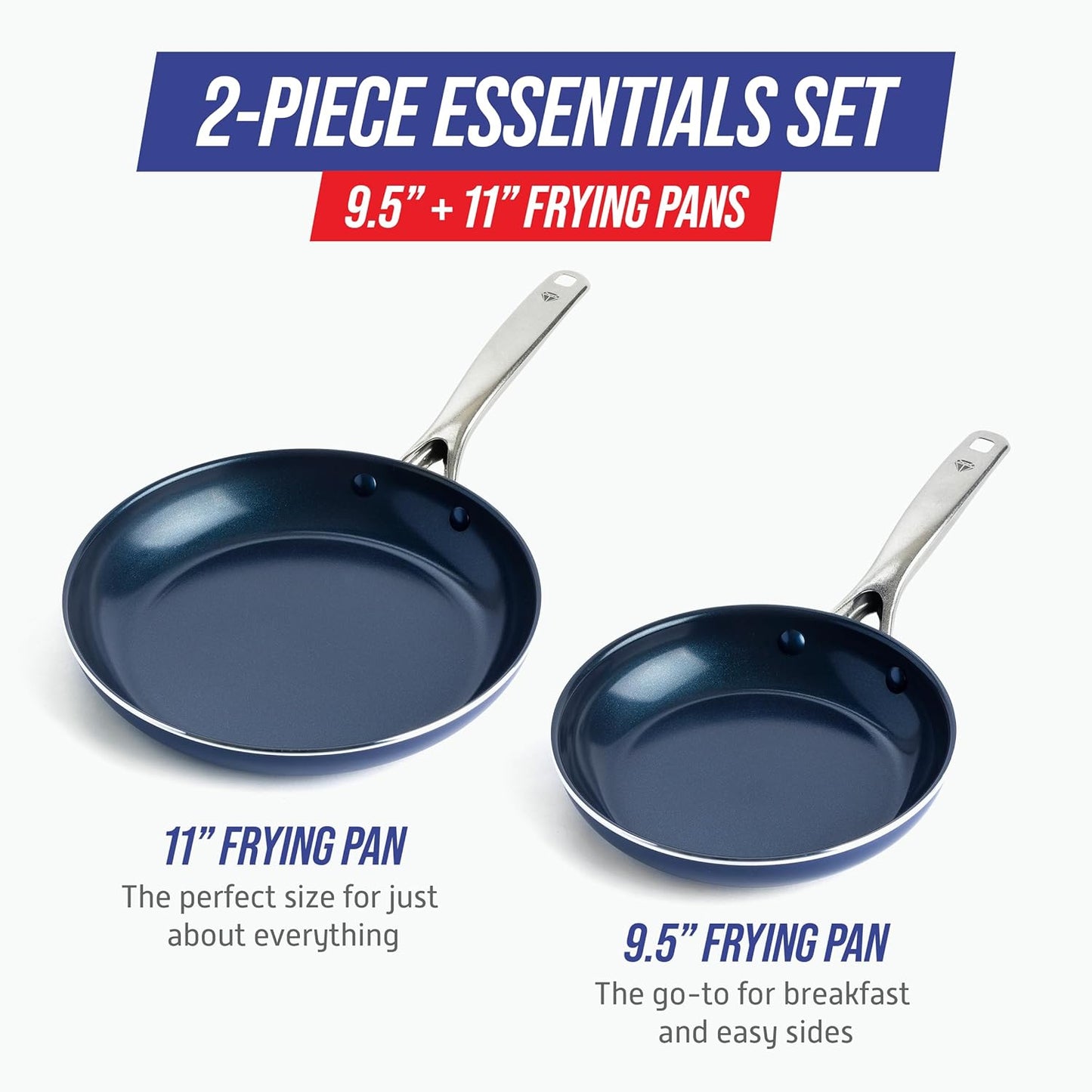 Blue Diamond 9.5” and 11" Frying Pan Skillet Set, Dishwasher & Oven Safe, Blue