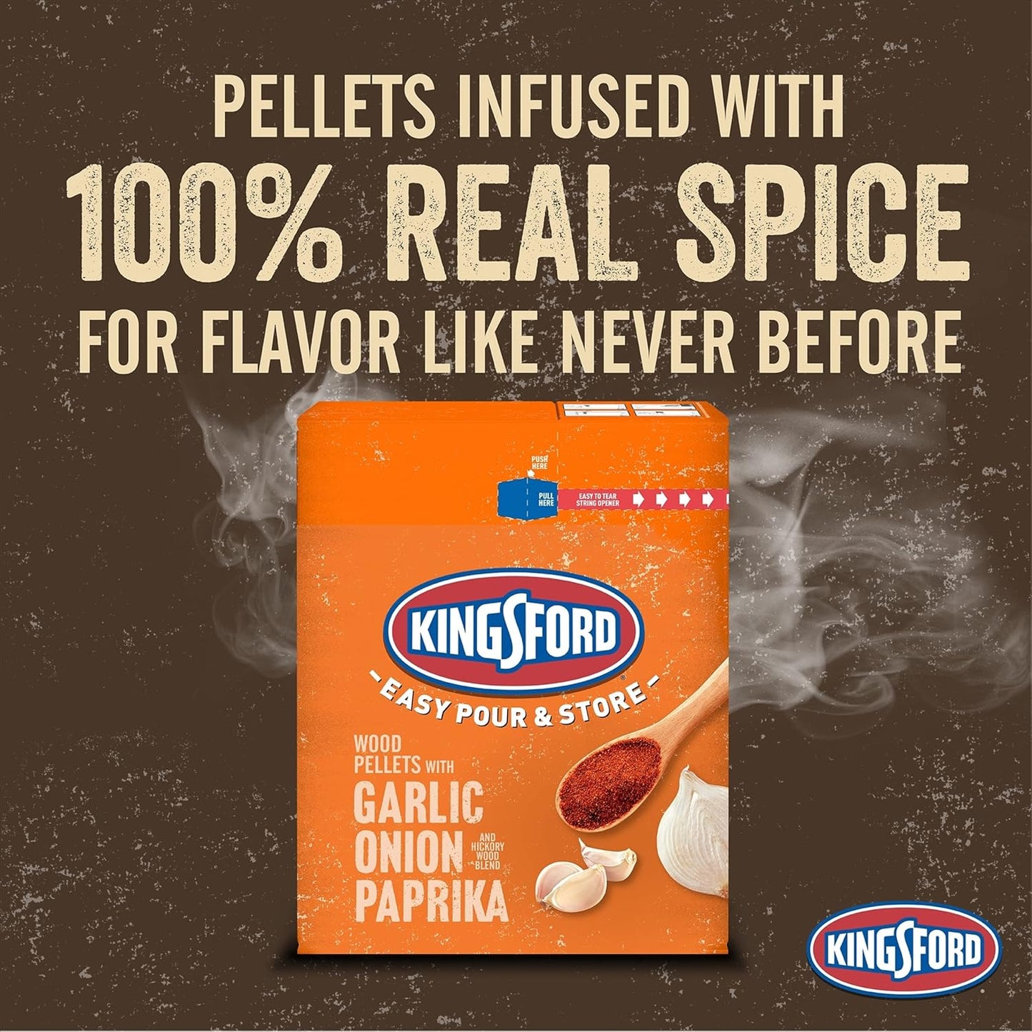 Kingsford wood pellets packaging with promotional text on a brown background