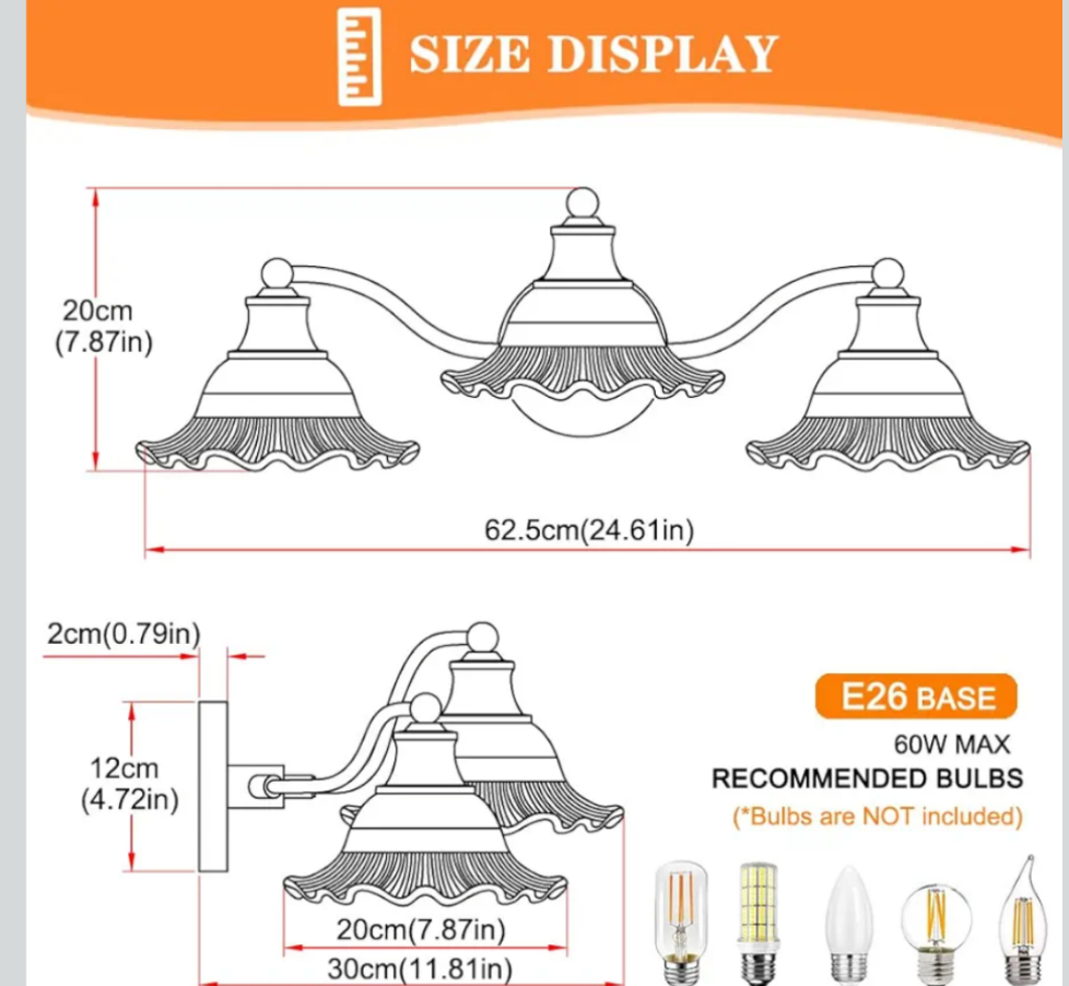 Measurement chart for a wall-mounted light fixture with dimensions and bulb recommendations.