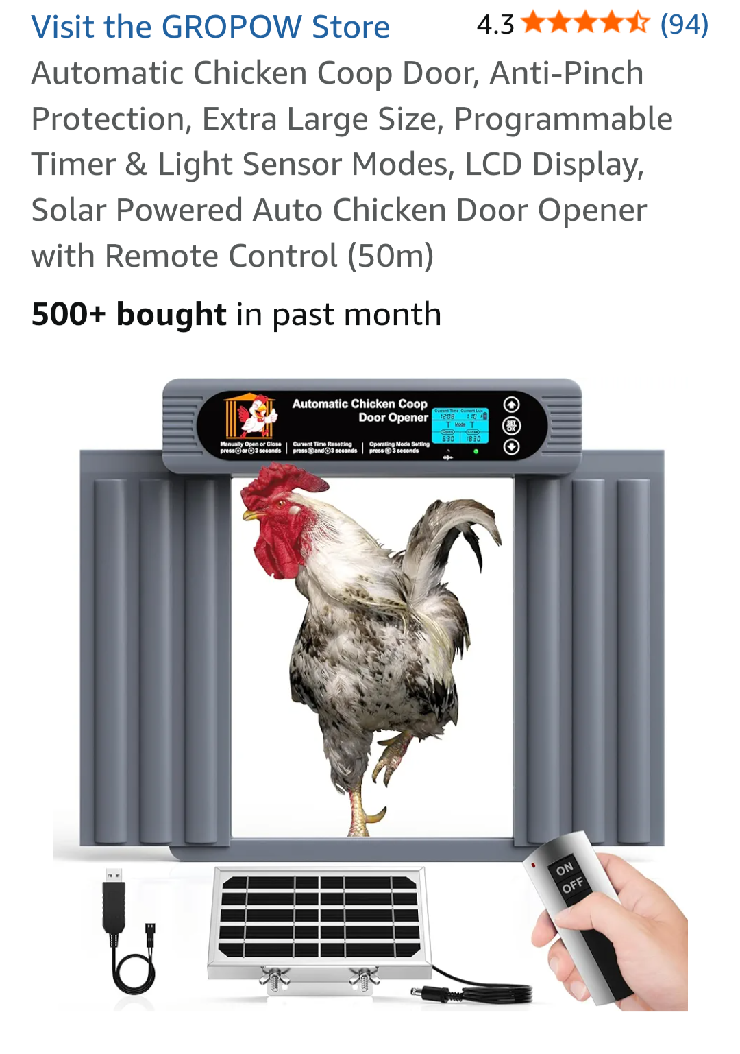 GROPOW Automatic Chicken Coop Door with remote control on a product page.