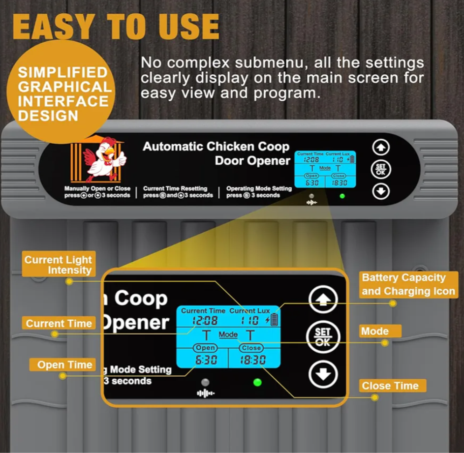 Groupon product listing for an automatic chicken coop door with features and rating displayed.