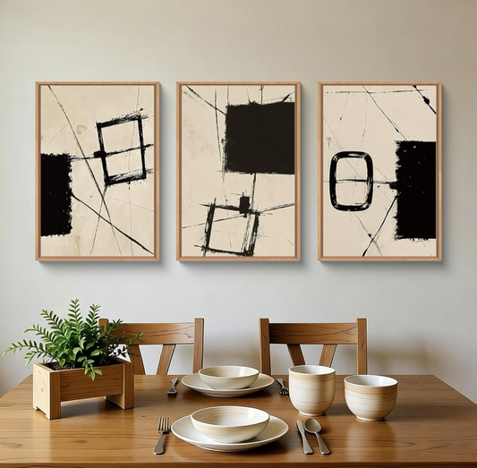 Houria Nordic Abstract 3-Part Set with Black and Beige Brushstrokes