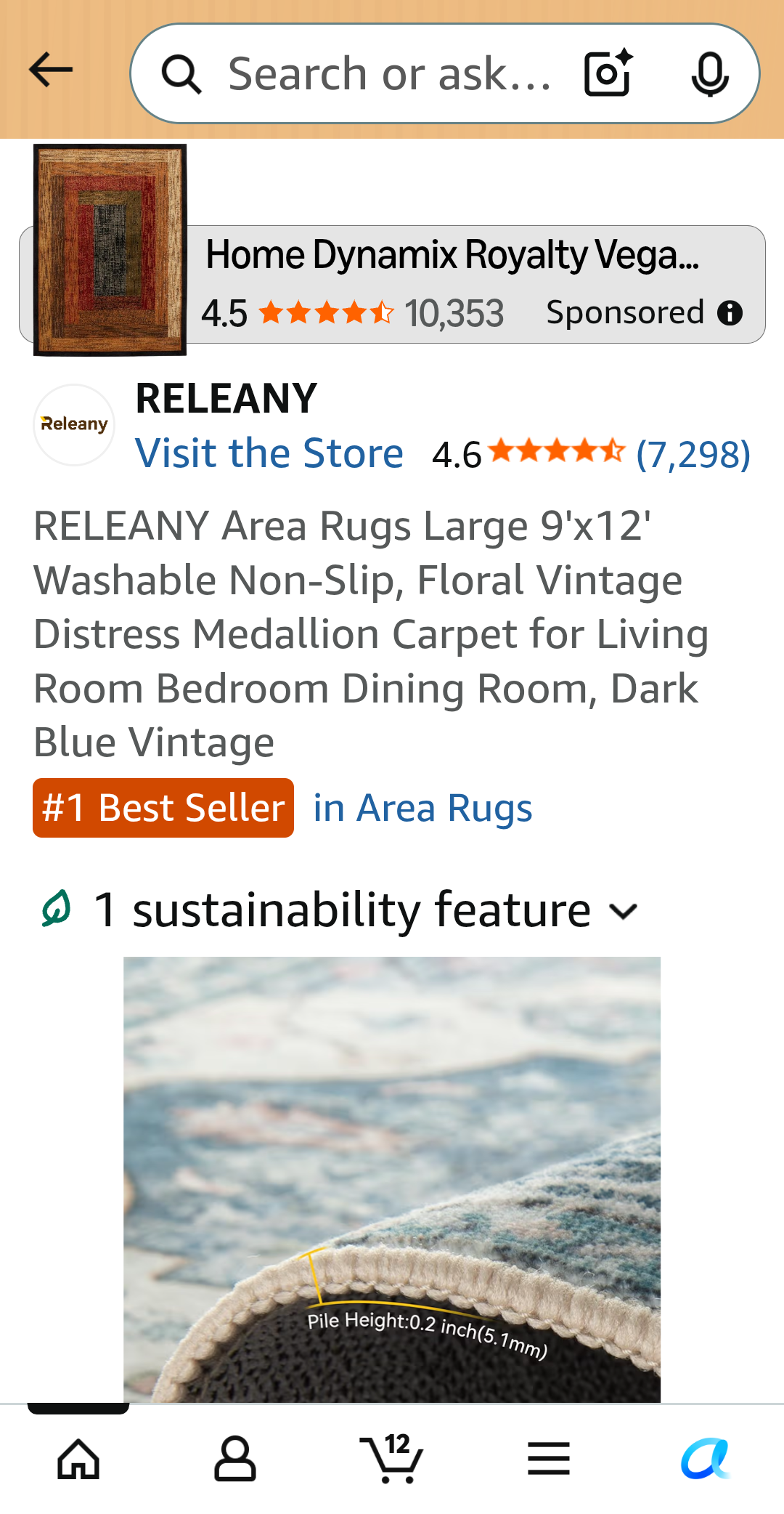 RELEANY Area Rugs Large 9'x12 Washable Non-Slip, Floral Vintage Distress Medallion Carpet