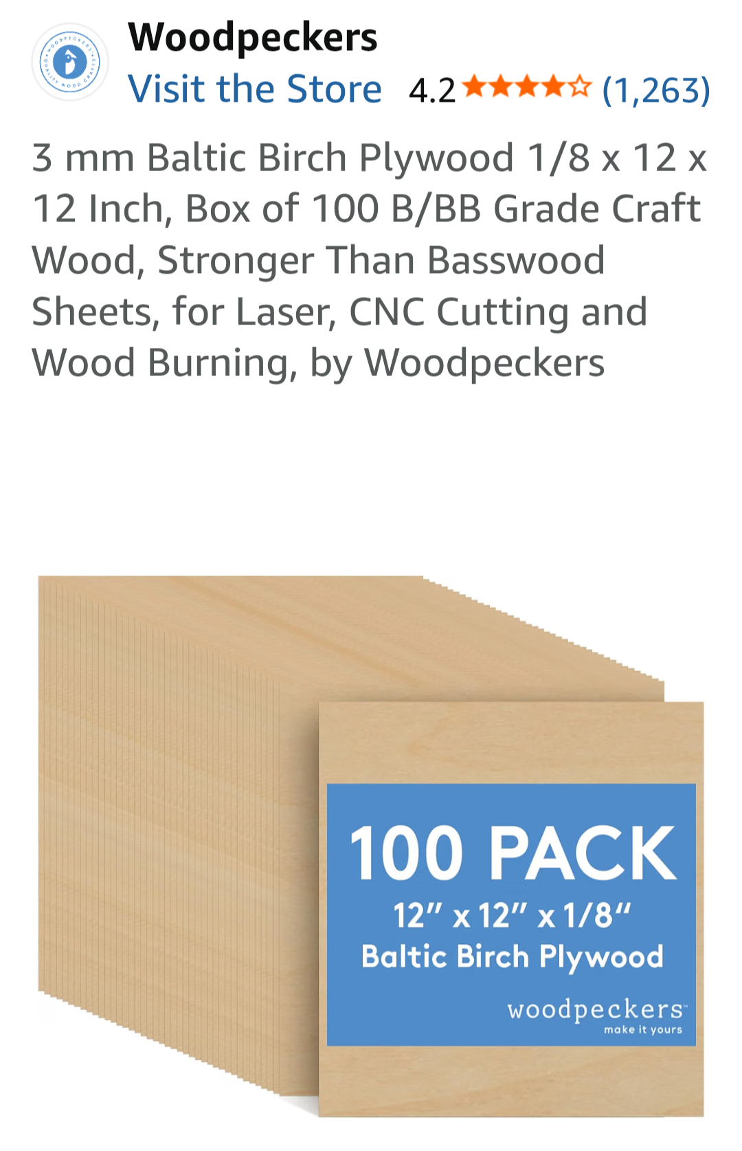 3 mm Baltic Birch Plywood 1/8 x 12 x 12 inch, Box of 100 B/BB Grade Craft Wood,