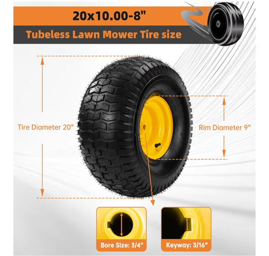 2PC 20x10.00-8 Tubeless Tires and Wheels for Riding Mowers, Lawn Tractors, & Garden Equipment
