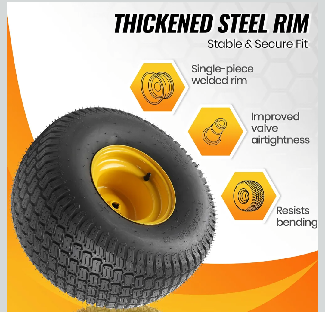 AR-PRO 20x10.00-8 Tubeless Lawn Mower Tire and Wheel Assembly (2-Pack), 4-Ply Rear Tire with Steel Rim