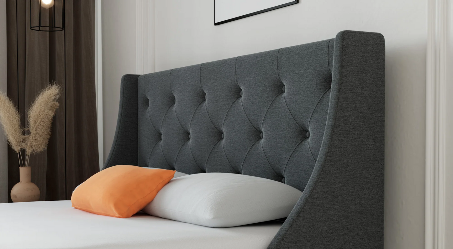 35-Upholstered Queen-Size Platform Bed Frame with 4 Drawers and Dark Gray Fabric Wingback Headboard