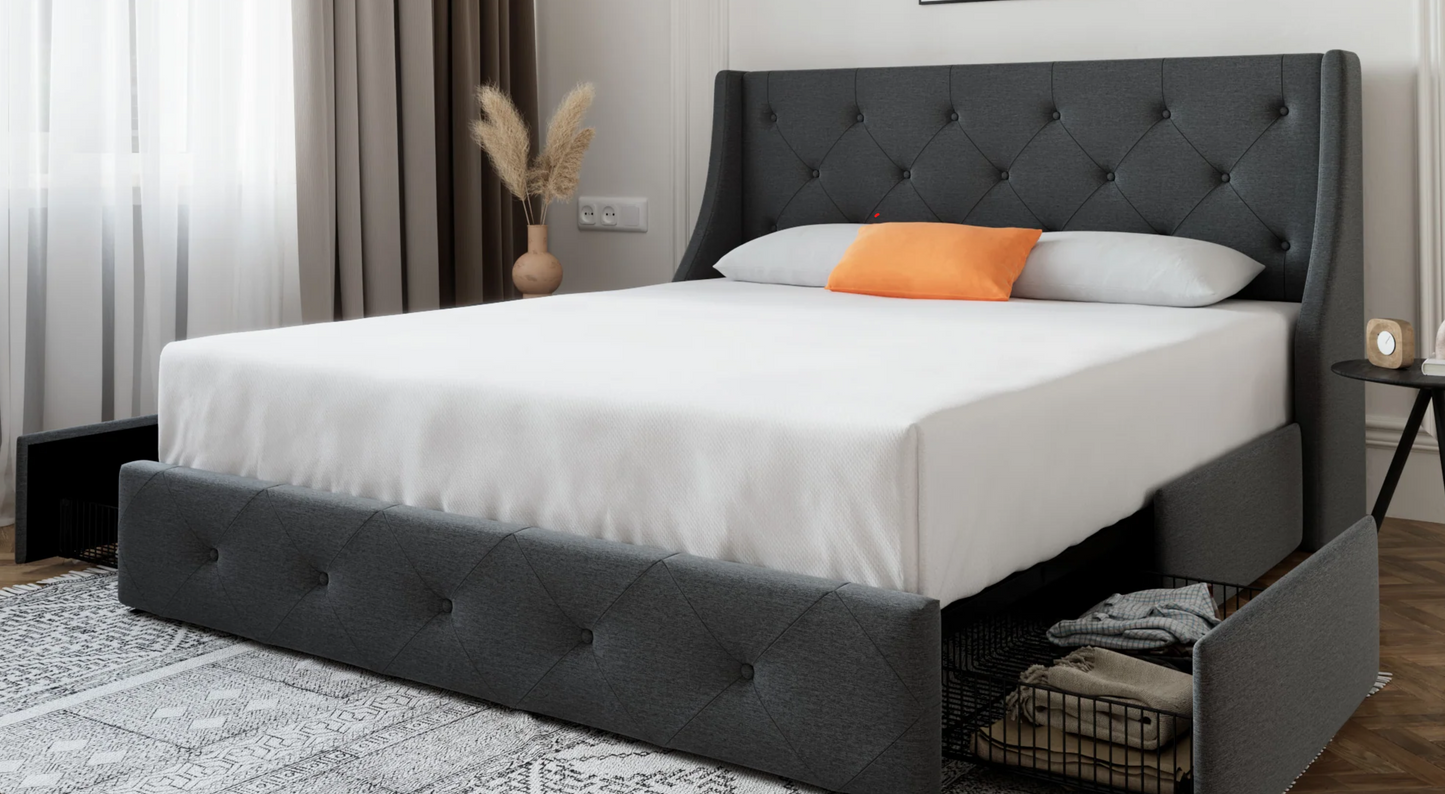 35-Upholstered Queen-Size Platform Bed Frame with 4 Drawers and Dark Gray Fabric Wingback Headboard