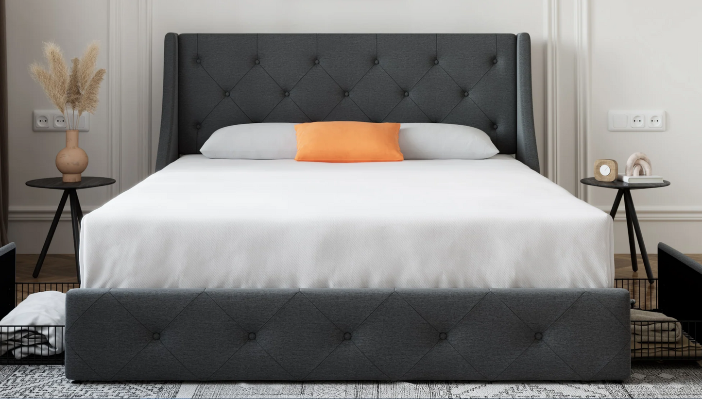 35-Upholstered Queen-Size Platform Bed Frame with 4 Drawers and Dark Gray Fabric Wingback Headboard
