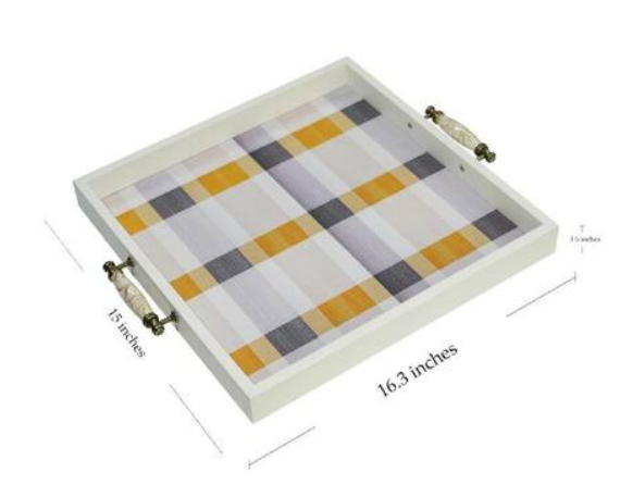 White Rectangular Wood 15 in. Checkered Decorative Breakfast Tray
