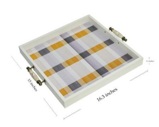 White Rectangular Wood 15 in. Checkered Decorative Breakfast Tray