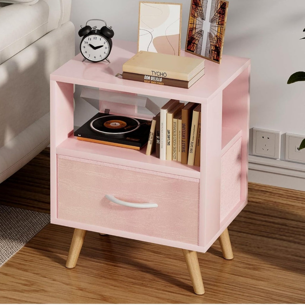 Nightstand for Girls Room with Fabric Drawer Pink