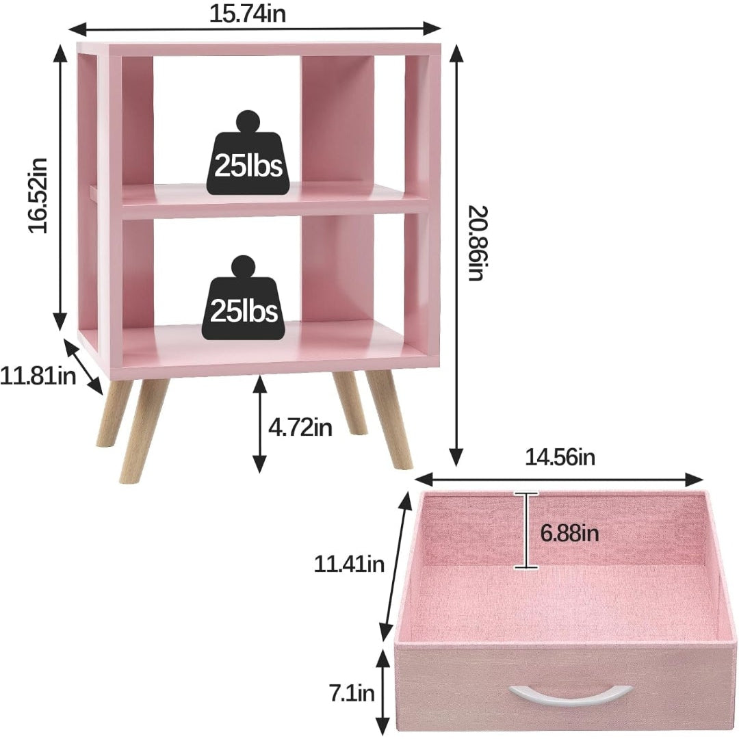 Nightstand for Girls Room with Fabric Drawer Pink